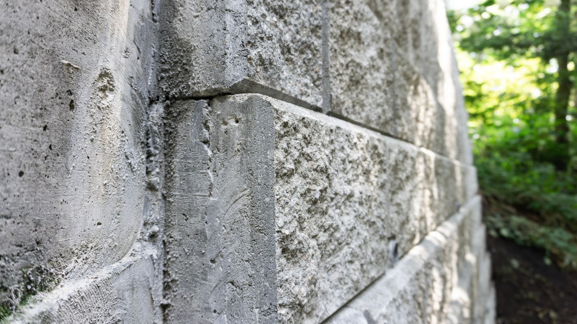 Weathered concrete wall with rough texture, green foliage in background