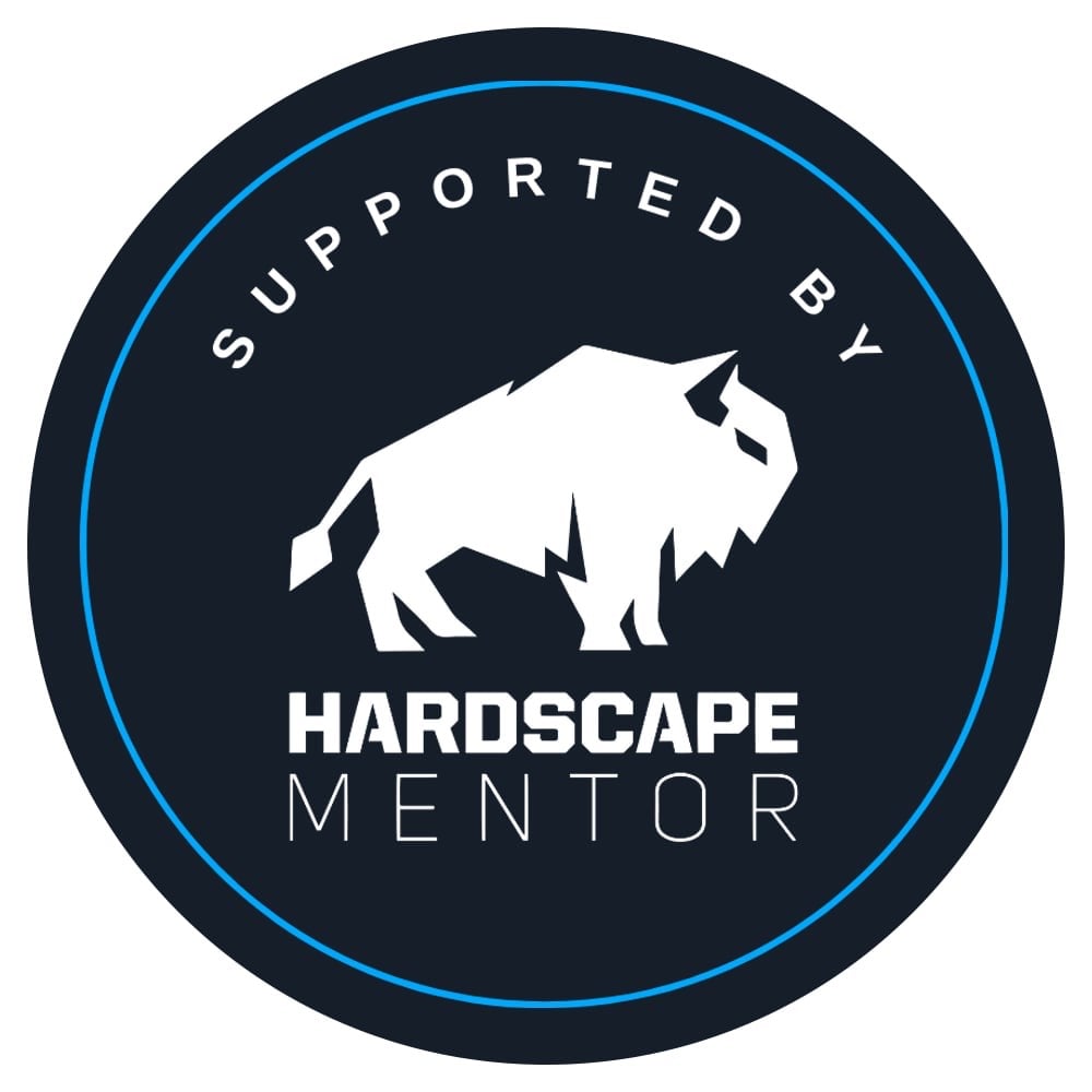 Hardscape Mentor logo with white bison on dark blue circular badge