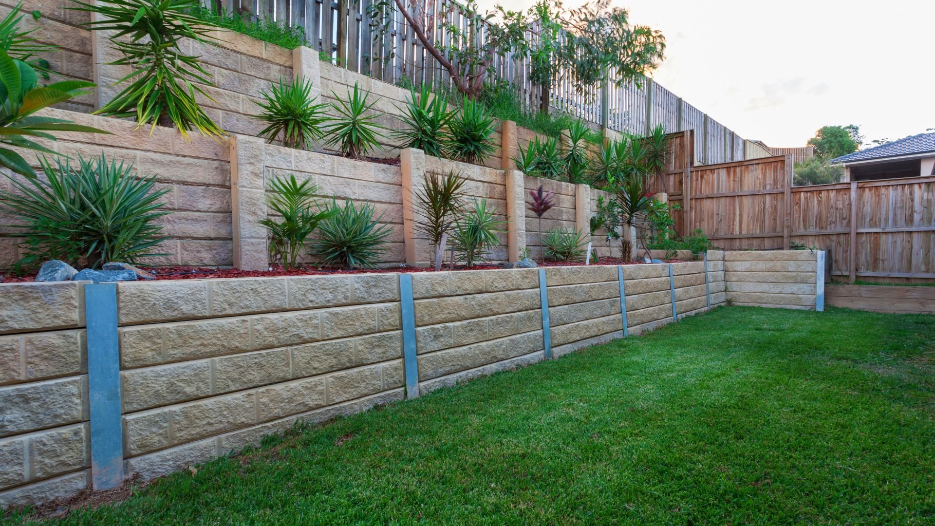 Landscaped backyard with stone retaining walls and spiky green plants